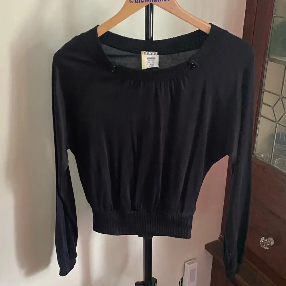 70s Vintage Black Boatneck Sweater Size M Buttons Long Sleeve Minimalist Goth